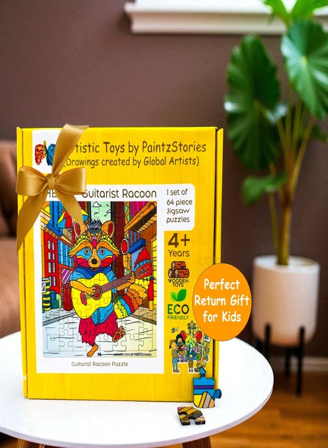 PAINTZSTORIES أحجية خشبية من PAINTZSTORIES على شكل راكون عازف جيتار | مجموعة واحدة من 64 قطعة | أحجية تعليمية لتنمية المهارات الإدراكية والحركية | هدية عيد ميلاد للأطفال | 4 سنوات فما فوق | الحجم 9 × 9 بوصة - Image 5